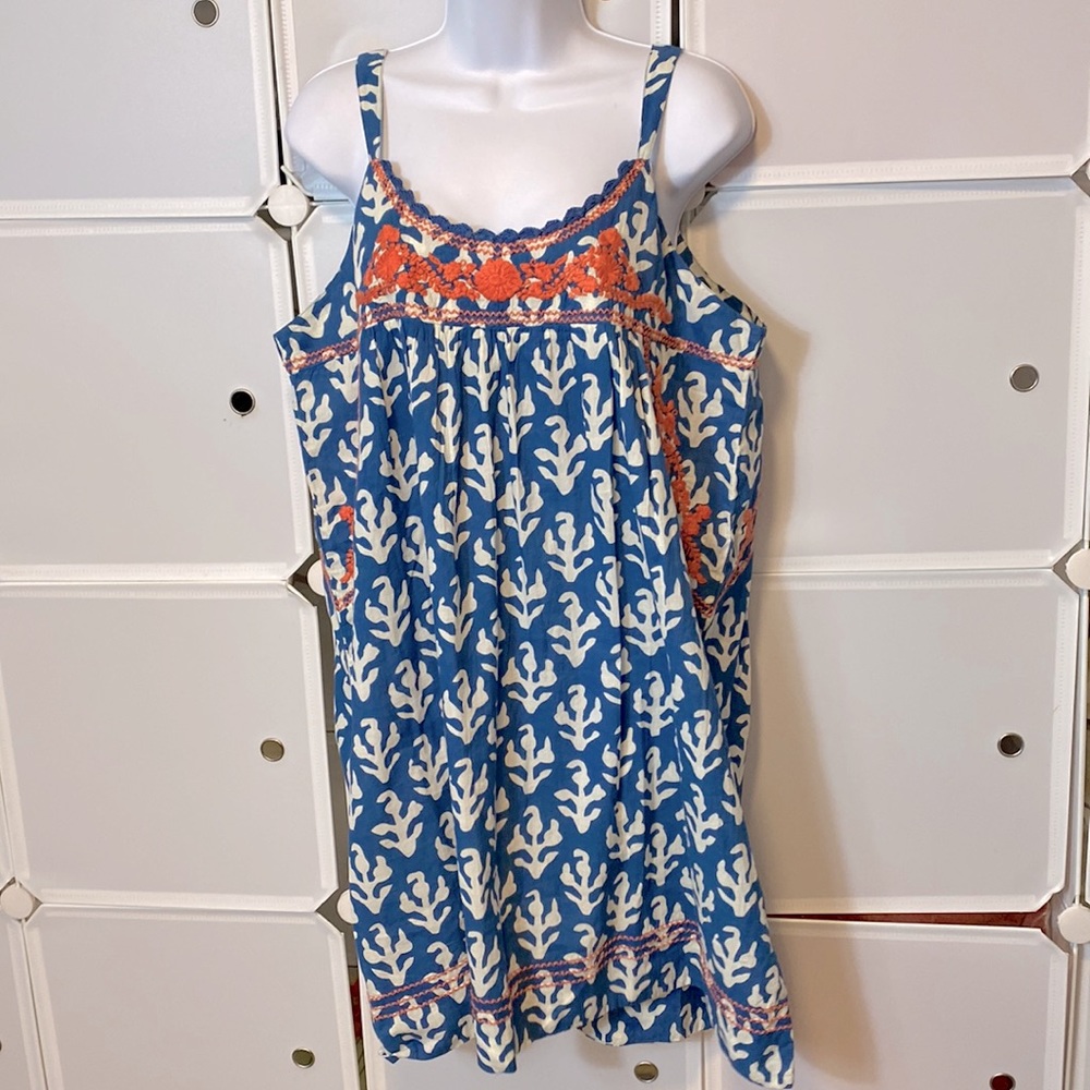 Blue & White Printed Mini Dress with Orange Trim